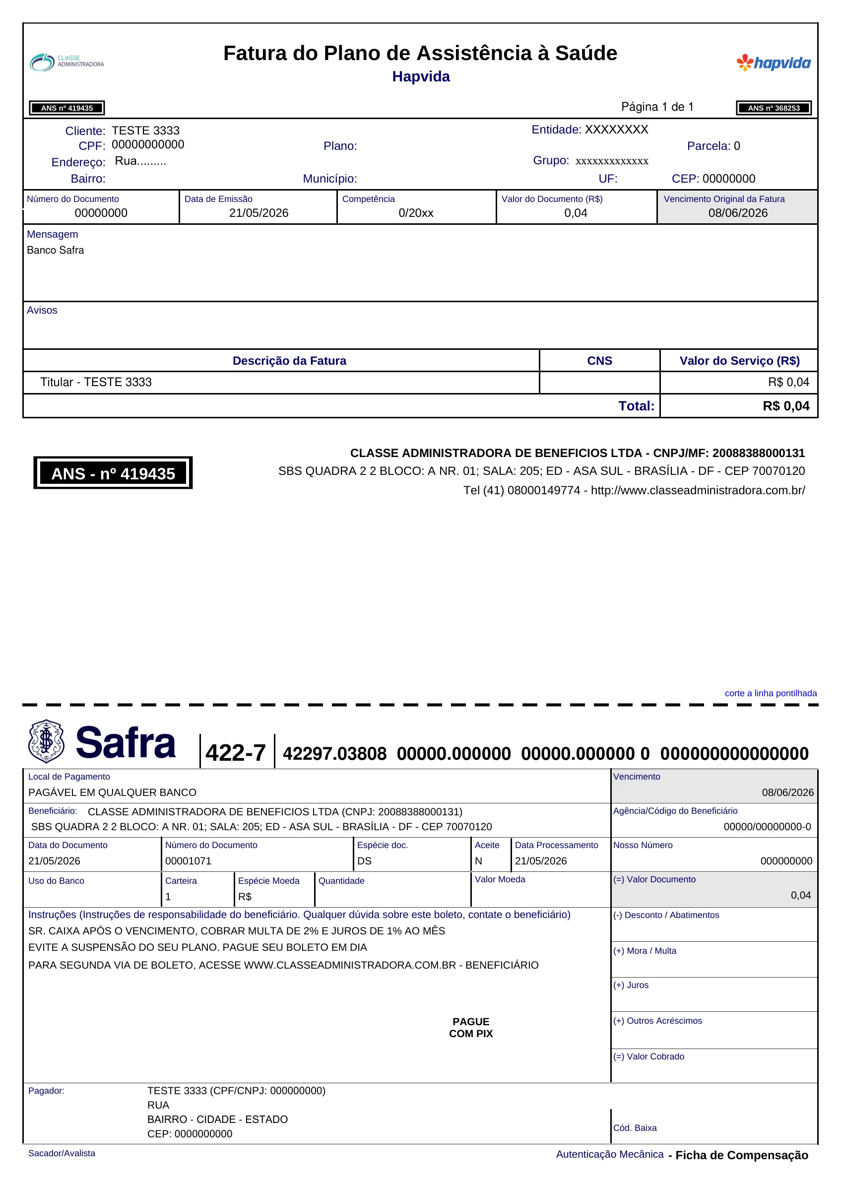 Exemplo de boleto Classe Administradora